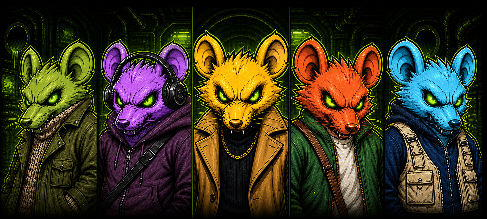 The five RATZ tier headshots: Sewer Green, Acid Purple, Gold, Rust Red and Electric Blue